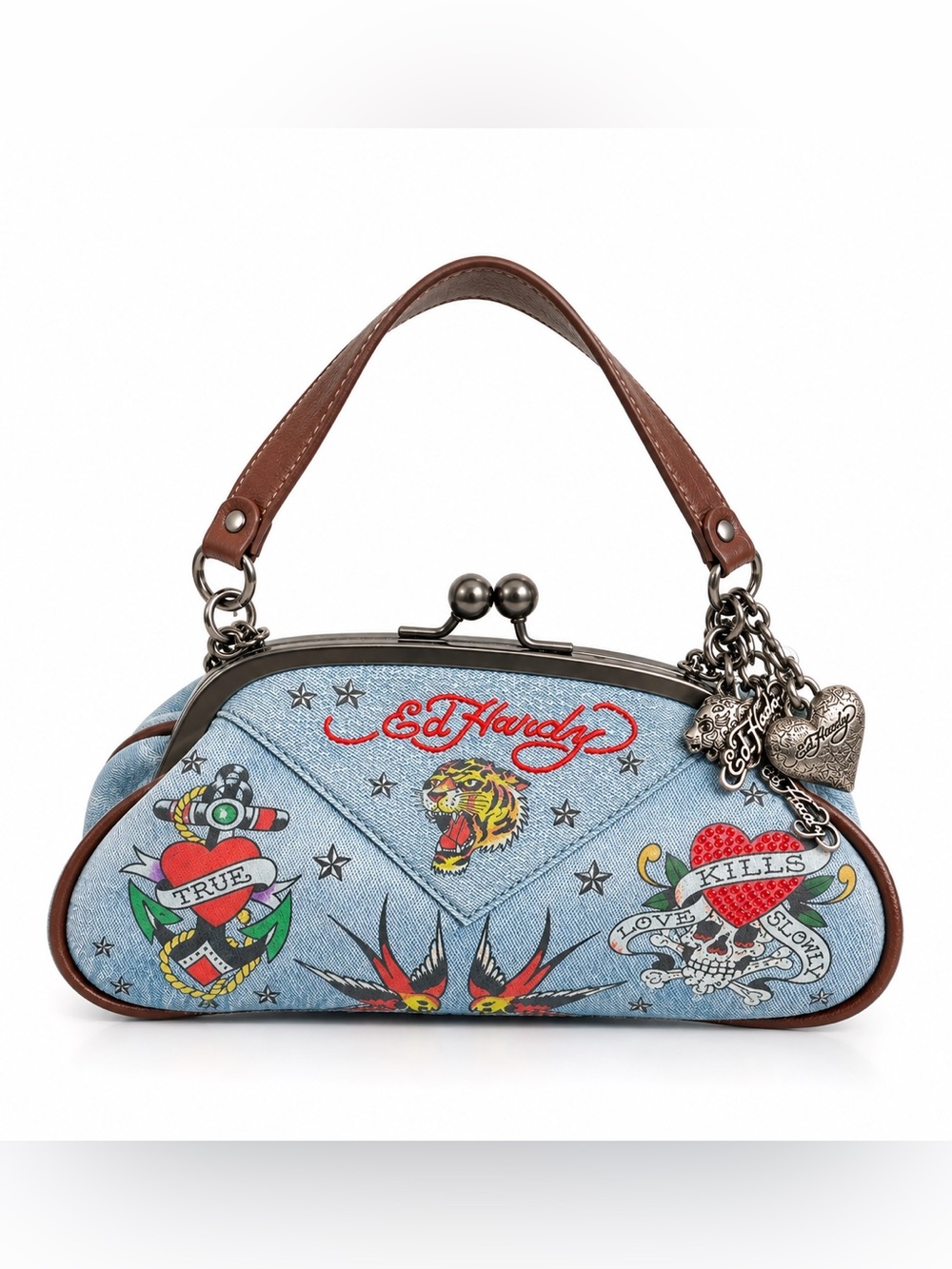 Ed Hardy Y2K Denim Kiss Lock Shoulder Bag Tiger Tattoo Rhinestone Heart Charms